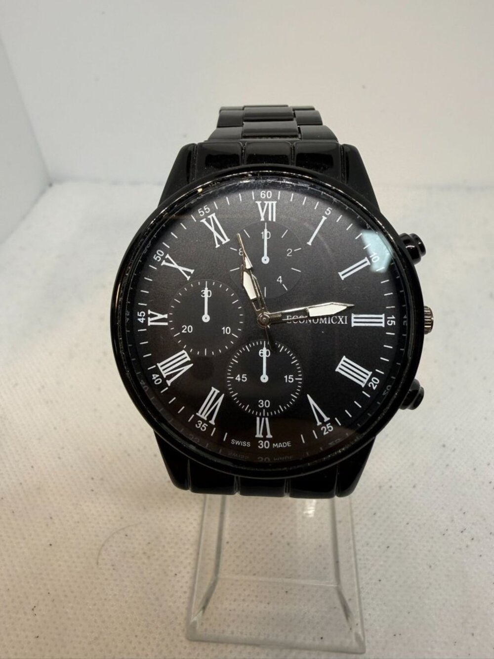 Economicxi Mens Black Dial White Roman Numeral Linked Band Watch New